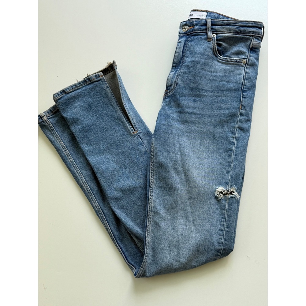 Zara Split Hem Slim High-Rise Full Length distressed Jeans Size 6